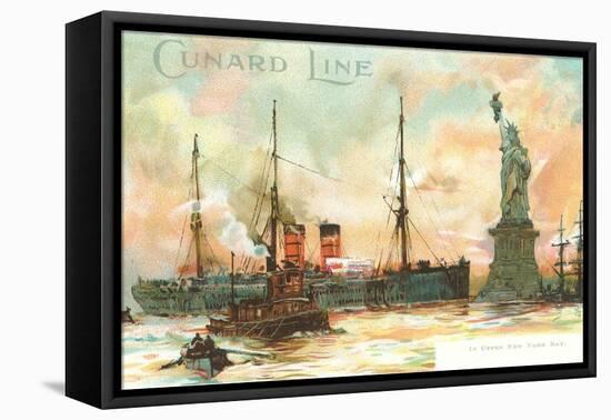 Painting, Cunard Line Ship Passing Statue of Liberty, New York City-null-Framed Stretched Canvas