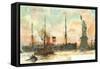 Painting, Cunard Line Ship Passing Statue of Liberty, New York City-null-Framed Stretched Canvas