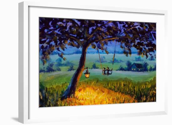 Painting Evening Rustic Landscape, a Lantern Hanging on a Tree, a Guy with a Girl in Love Ride on A-Valery Rybakow-Framed Art Print