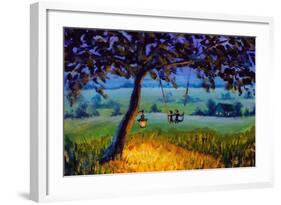 Painting Evening Rustic Landscape, a Lantern Hanging on a Tree, a Guy with a Girl in Love Ride on A-Valery Rybakow-Framed Art Print