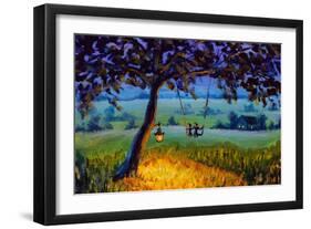 Painting Evening Rustic Landscape, a Lantern Hanging on a Tree, a Guy with a Girl in Love Ride on A-Valery Rybakow-Framed Art Print