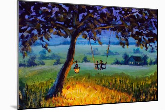 Painting Evening Rustic Landscape, a Lantern Hanging on a Tree, a Guy with a Girl in Love Ride on A-Valery Rybakow-Mounted Premium Giclee Print