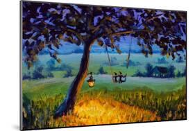 Painting Evening Rustic Landscape, a Lantern Hanging on a Tree, a Guy with a Girl in Love Ride on A-Valery Rybakow-Mounted Premium Giclee Print