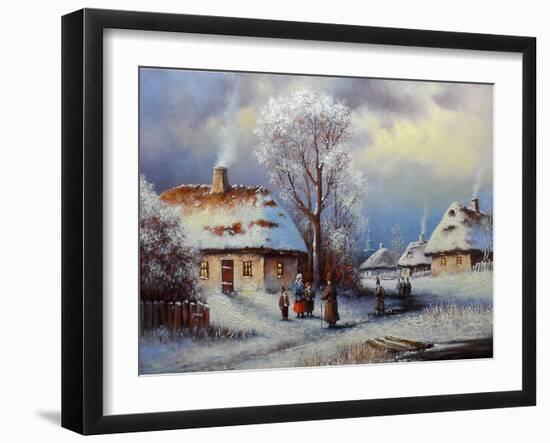 Painting, Landscape of Old Winter Village-Yarikart-Framed Art Print