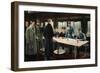 Painting of Allied nation delegates awaiting the German delegation aboard a train.-Vernon Lewis Gallery-Framed Art Print