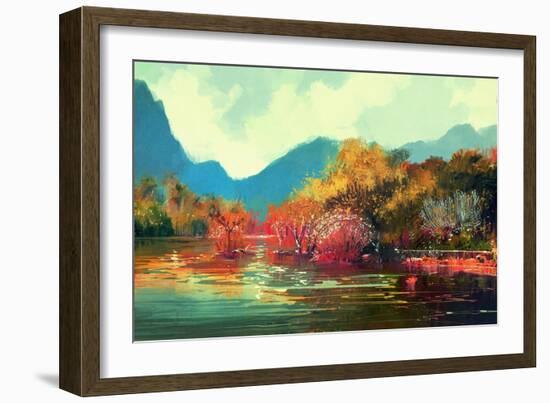 Painting of Beautiful Autumn Forest,Illustration-Tithi Luadthong-Framed Art Print