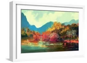 Painting of Beautiful Autumn Forest,Illustration-Tithi Luadthong-Framed Art Print