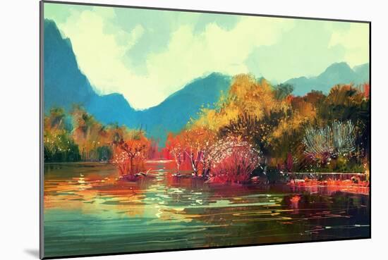 Painting of Beautiful Autumn Forest,Illustration-Tithi Luadthong-Mounted Art Print