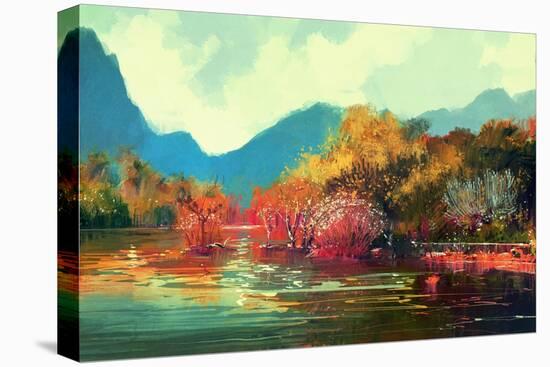 Painting of Beautiful Autumn Forest,Illustration-Tithi Luadthong-Stretched Canvas