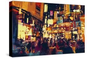 Painting of City Life at Night,People Walking in Shopping Street,Illustration-Tithi Luadthong-Stretched Canvas