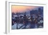 Painting of City Snowy Winter Scene,Rooftops Covered with Snow at Sunset-Tithi Luadthong-Framed Art Print