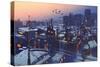 Painting of City Snowy Winter Scene,Rooftops Covered with Snow at Sunset-Tithi Luadthong-Stretched Canvas