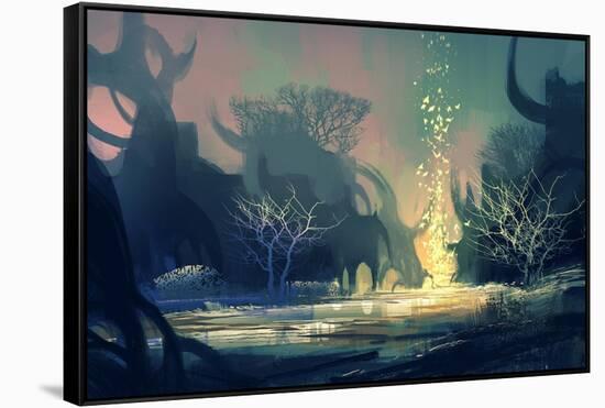 Painting of Fantasy Landscape with Mysterious Trees,Illustration-Tithi Luadthong-Framed Stretched Canvas