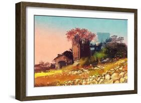 Painting of Farm House on the Country Side,Illustration-Tithi Luadthong-Framed Art Print