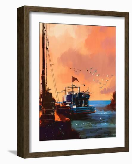 Painting of Fishing Boat in Port at Sunset,Illustration-Tithi Luadthong-Framed Art Print