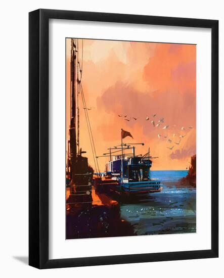 Painting of Fishing Boat in Port at Sunset,Illustration-Tithi Luadthong-Framed Art Print