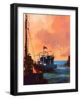 Painting of Fishing Boat in Port at Sunset,Illustration-Tithi Luadthong-Framed Art Print