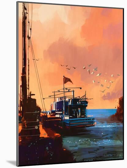 Painting of Fishing Boat in Port at Sunset,Illustration-Tithi Luadthong-Mounted Art Print