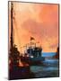 Painting of Fishing Boat in Port at Sunset,Illustration-Tithi Luadthong-Mounted Art Print