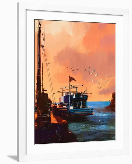 Painting of Fishing Boat in Port at Sunset,Illustration-Tithi Luadthong-Framed Art Print