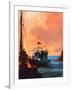 Painting of Fishing Boat in Port at Sunset,Illustration-Tithi Luadthong-Framed Art Print