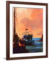 Painting of Fishing Boat in Port at Sunset,Illustration-Tithi Luadthong-Framed Art Print