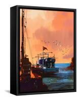 Painting of Fishing Boat in Port at Sunset,Illustration-Tithi Luadthong-Framed Stretched Canvas