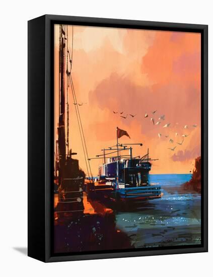 Painting of Fishing Boat in Port at Sunset,Illustration-Tithi Luadthong-Framed Stretched Canvas