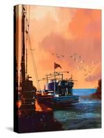 Painting of Fishing Boat in Port at Sunset,Illustration-Tithi Luadthong-Stretched Canvas