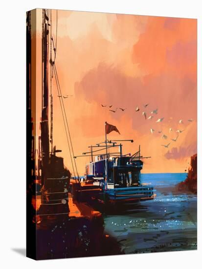 Painting of Fishing Boat in Port at Sunset,Illustration-Tithi Luadthong-Stretched Canvas