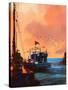 Painting of Fishing Boat in Port at Sunset,Illustration-Tithi Luadthong-Stretched Canvas