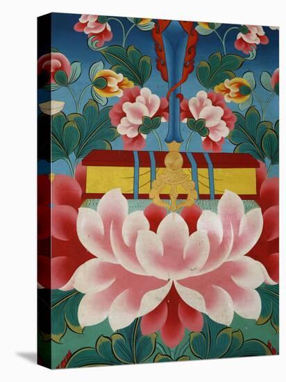 Painting of Lotus Flower, Sword of Knowledge and Sacred Text, Kopan Monastery, Kathmandu-Godong-Stretched Canvas
