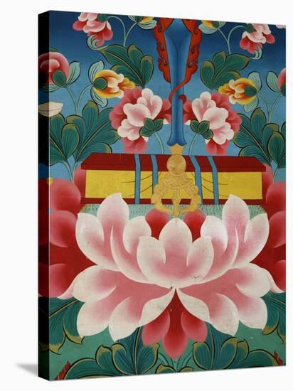 Painting of Lotus Flower, Sword of Knowledge and Sacred Text, Kopan Monastery, Kathmandu-Godong-Stretched Canvas