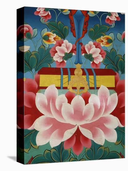 Painting of Lotus Flower, Sword of Knowledge and Sacred Text, Kopan Monastery, Kathmandu-Godong-Stretched Canvas