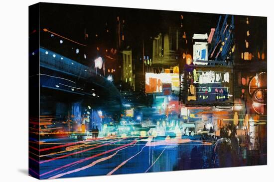 Painting of Modern Urban City at Night,Illustration-Tithi Luadthong-Stretched Canvas