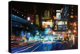 Painting of Modern Urban City at Night,Illustration-Tithi Luadthong-Stretched Canvas