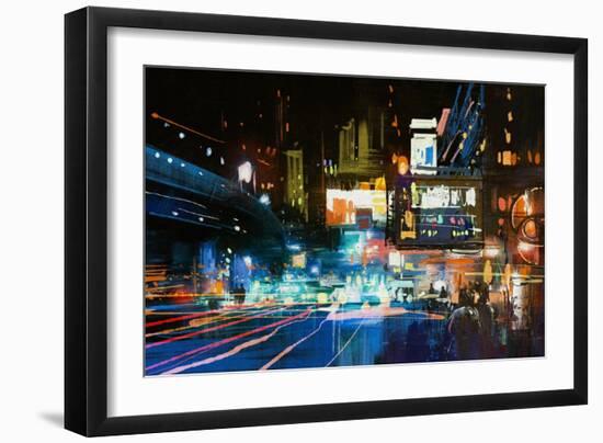 Painting of Modern Urban City at Night,Illustration-Tithi Luadthong-Framed Art Print