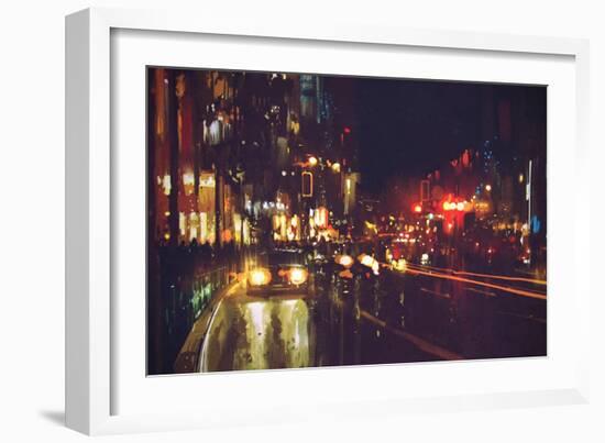 Painting of Night Street with Colorful Lights-Tithi Luadthong-Framed Art Print