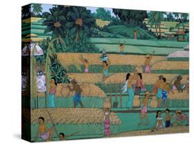 Painting of People Harvesting in Rice Fields, Neka Museum, Ubud, Island of Bali, Indonesia-Bruno Barbier-Stretched Canvas