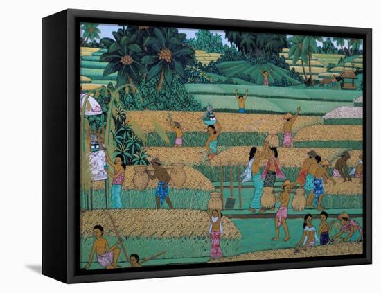 Painting of People Harvesting in Rice Fields, Neka Museum, Ubud, Island of Bali, Indonesia-Bruno Barbier-Framed Stretched Canvas