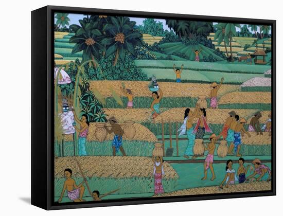 Painting of People Harvesting in Rice Fields, Neka Museum, Ubud, Island of Bali, Indonesia-Bruno Barbier-Framed Stretched Canvas