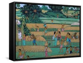 Painting of People Harvesting in Rice Fields, Neka Museum, Ubud, Island of Bali, Indonesia-Bruno Barbier-Framed Stretched Canvas