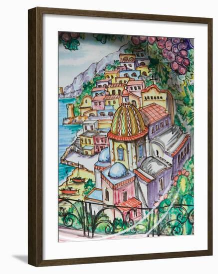 Painting of Positano on Ceramic Plate, Positano, Amalfi Coast, Campania, Italy-Walter Bibikow-Framed Photographic Print