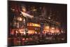 Painting of Shopping Street City with Colorful Nightlife,Illustration-Tithi Luadthong-Mounted Art Print