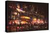 Painting of Shopping Street City with Colorful Nightlife,Illustration-Tithi Luadthong-Stretched Canvas