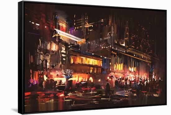 Painting of Shopping Street City with Colorful Nightlife,Illustration-Tithi Luadthong-Framed Stretched Canvas