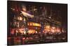 Painting of Shopping Street City with Colorful Nightlife,Illustration-Tithi Luadthong-Stretched Canvas