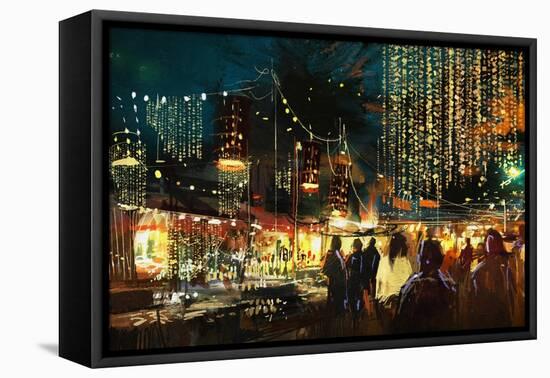 Painting of Shopping Street City with Colorful Nightlife,Illustration-Tithi Luadthong-Framed Stretched Canvas