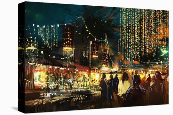 Painting of Shopping Street City with Colorful Nightlife,Illustration-Tithi Luadthong-Stretched Canvas