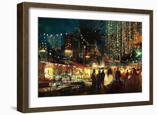 Painting of Shopping Street City with Colorful Nightlife,Illustration-Tithi Luadthong-Framed Art Print